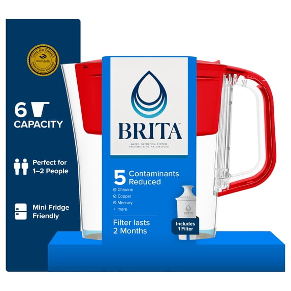 Brita 6 Cup Small Plastic Water Filter Pitcher, Red, BPA Free with 1 Standard Brita Filter