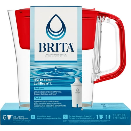 Brita Small 6 Cup Red Denali Water Filter Pitcher with 1 Brita Standard Filter