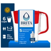 Brita 6 Cup Small Plastic Water Filter Pitcher, Red, BPA Free with 1 Standard Brita Filter