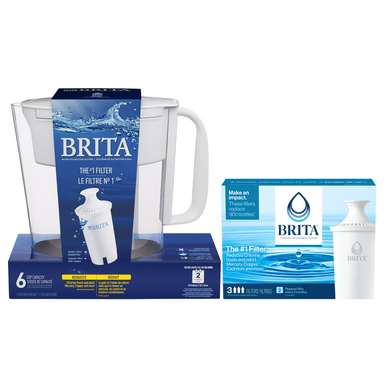 Brita Small 6 Cup Water Filter Pitcher with 4 Standard Replacement Filters,  BPA Free - Metro, White