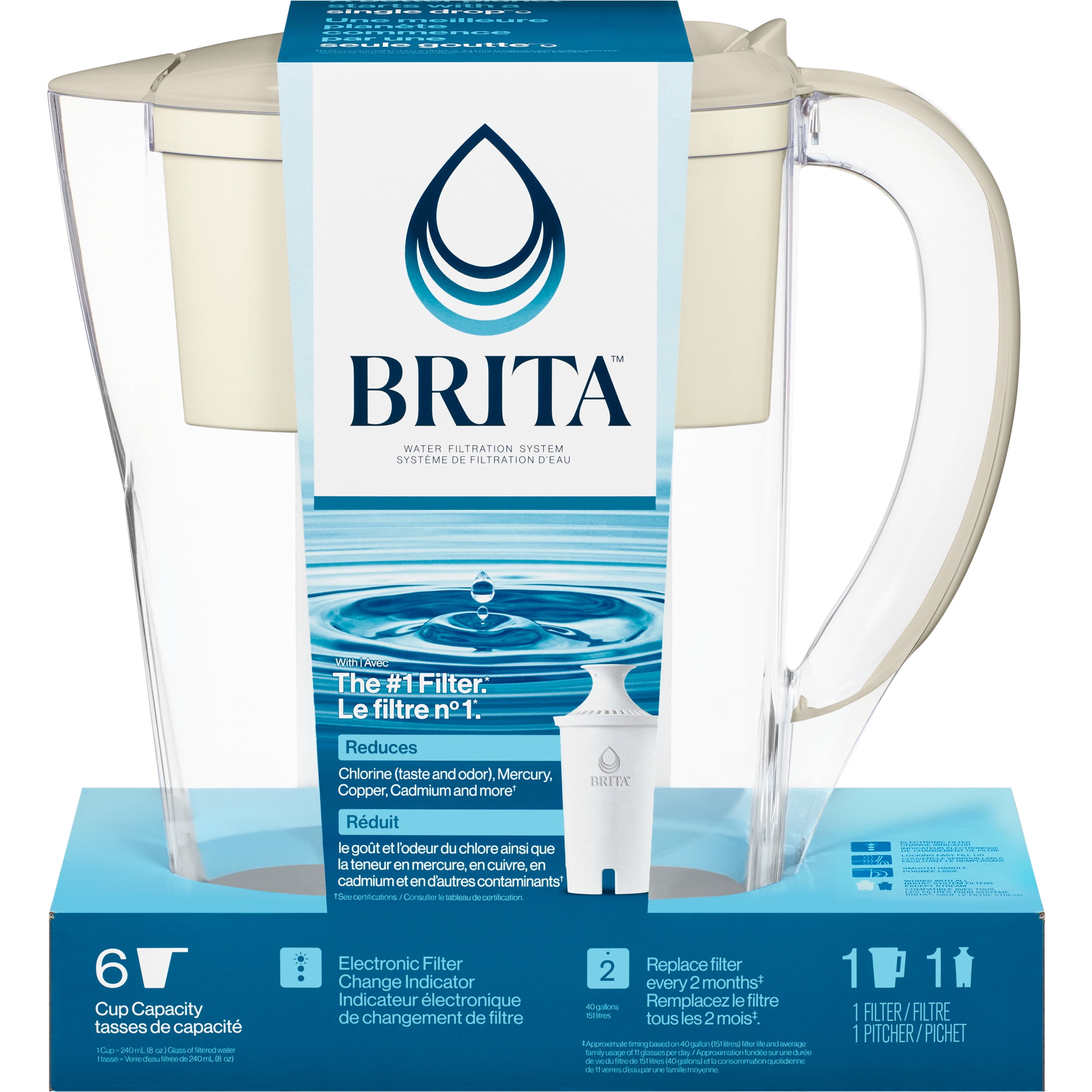 Brita Small Space Saver Plastic 6-Cup Water Filter Pitcher, Almond ...