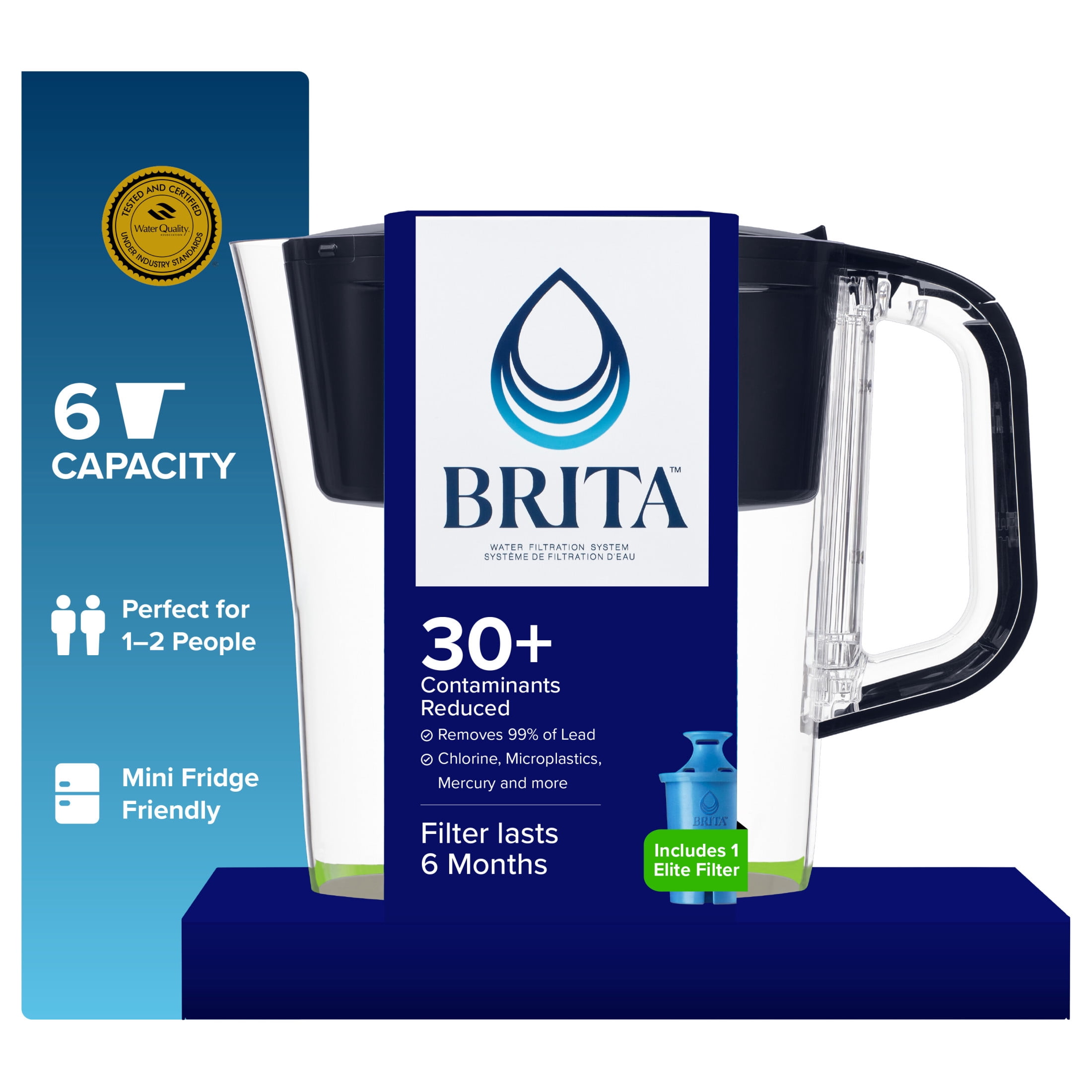 Brita 6 Cup Small Plastic Water Filter Pitcher, Black, BPA Free with 1 Elite Brita Filter