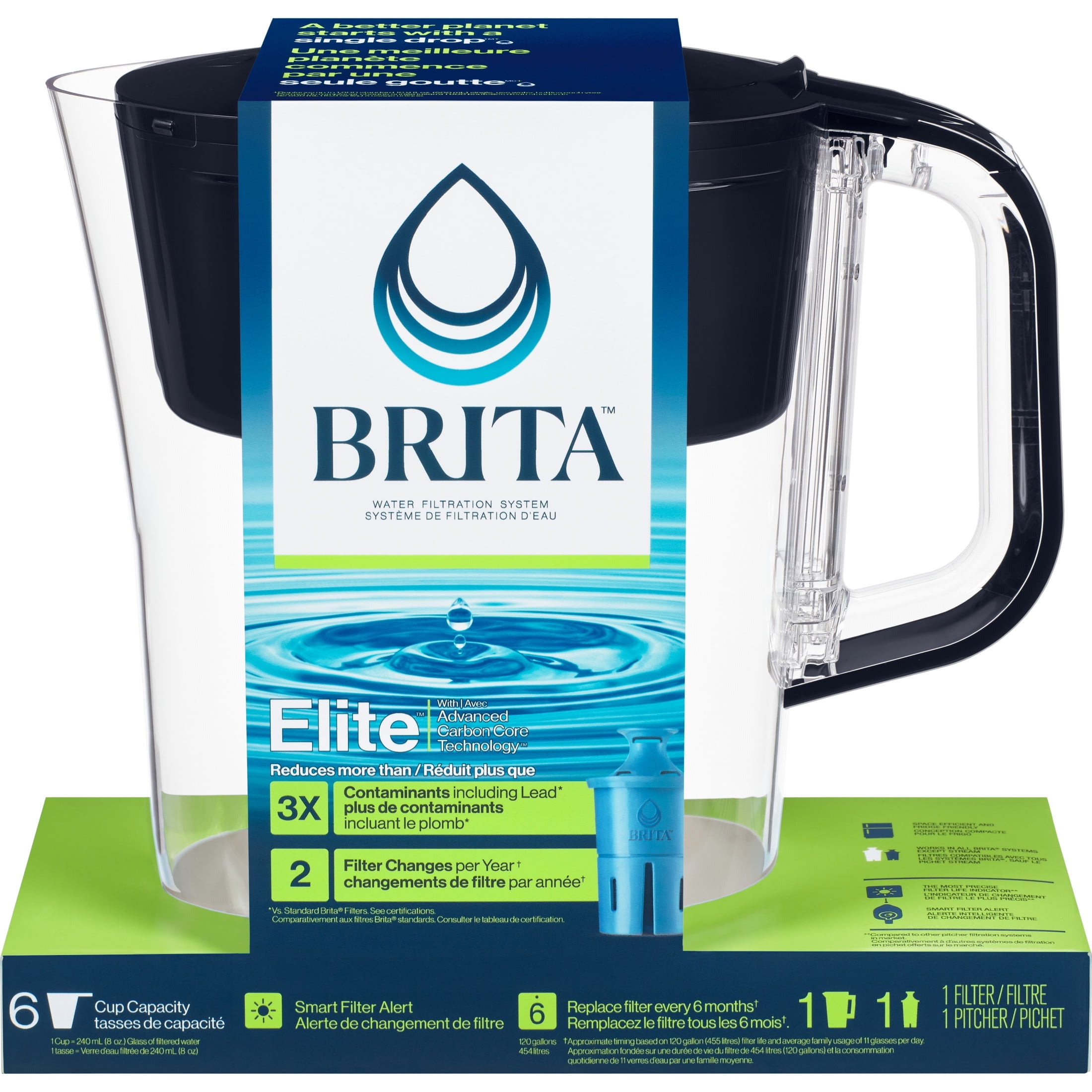 Brita 6-Cup Black Water Filter Pitcher with Elite Filter