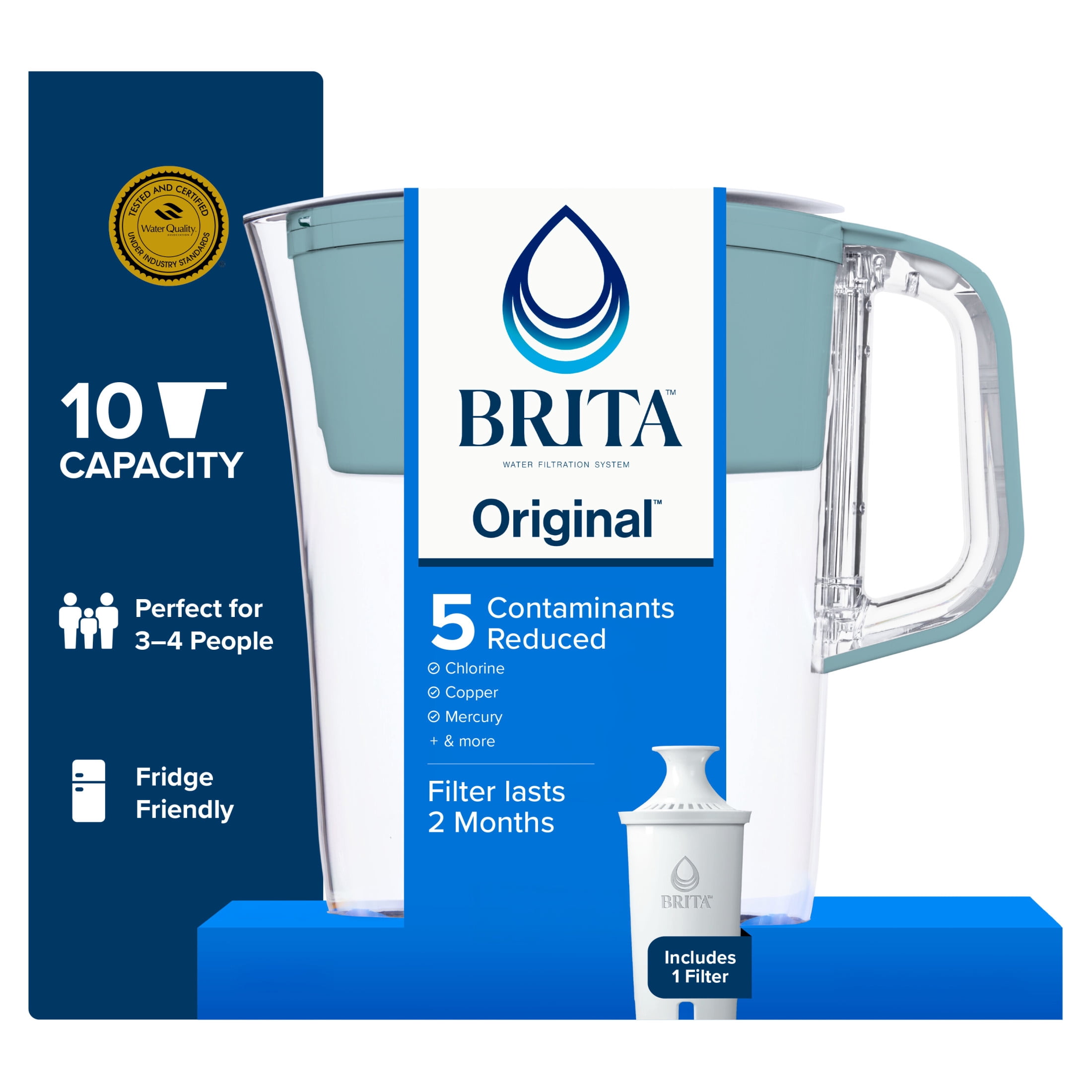 Brita 10 Cup Large Plastic Water Filter Pitcher, Stone Blue, BPA Free with 1 Standard Brita Filter