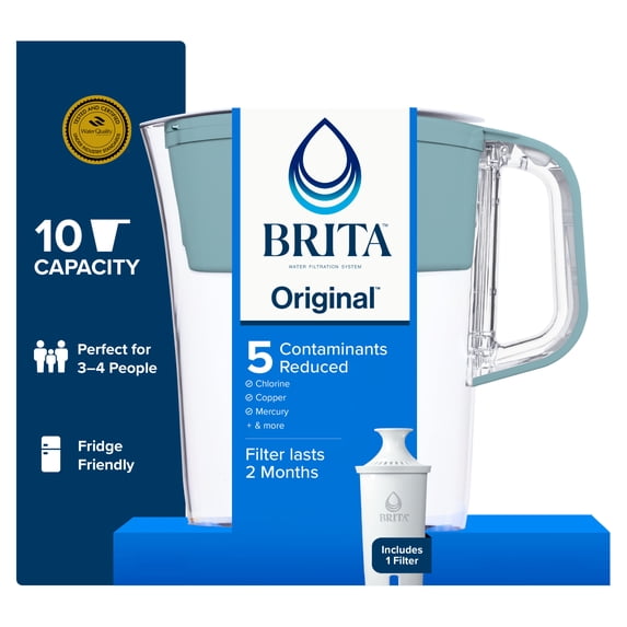 Brita 10 Cup Large Plastic Water Filter Pitcher, Stone Blue, BPA Free with 1 Standard Brita Filter
