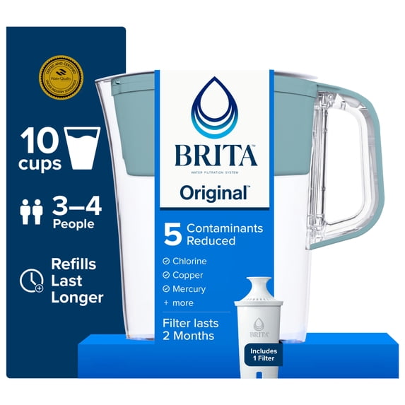 Brita 10 Cup Large Plastic Water Filter Pitcher, Stone Blue, BPA Free with 1 Standard Brita Filter