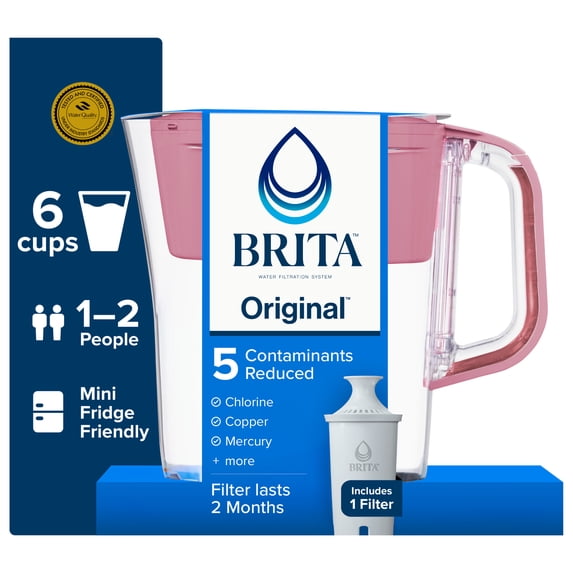 Brita 6 Cup Small Plastic Water Filter Pitcher, Cherry Blossom, BPA Free with 1 Brita Standard Filter
