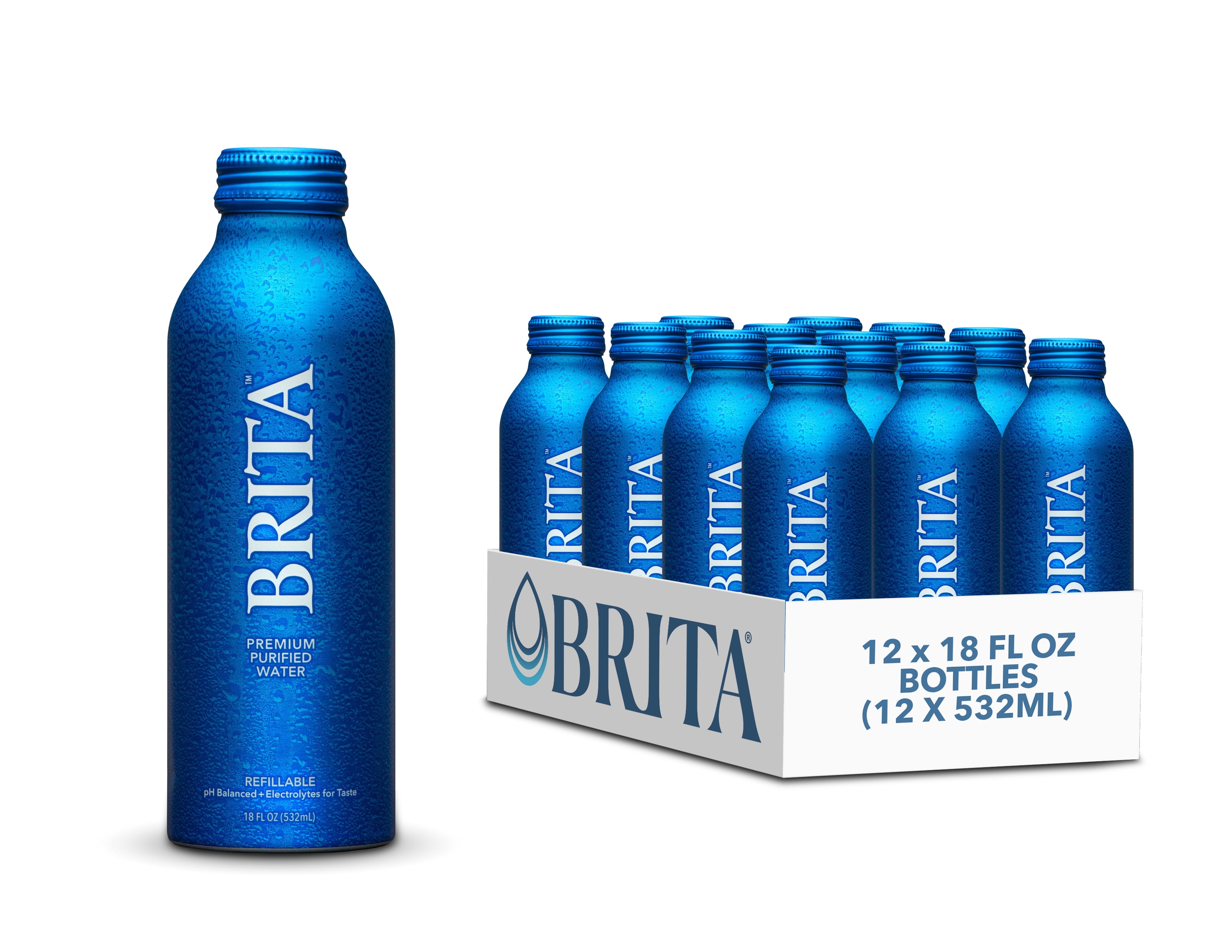 Brita Water Premium Purified Bottled Water, 18 fl oz (12 Pack), BPA Free Refillable Aluminum