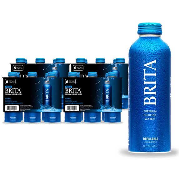 Brita Water Premium Purified Bottled Water, 18 fl oz (24 Pack), BPA Free Refillable Aluminum Water Bottles, Superior Filtered Water, Infinitely Recyclable Bottle.