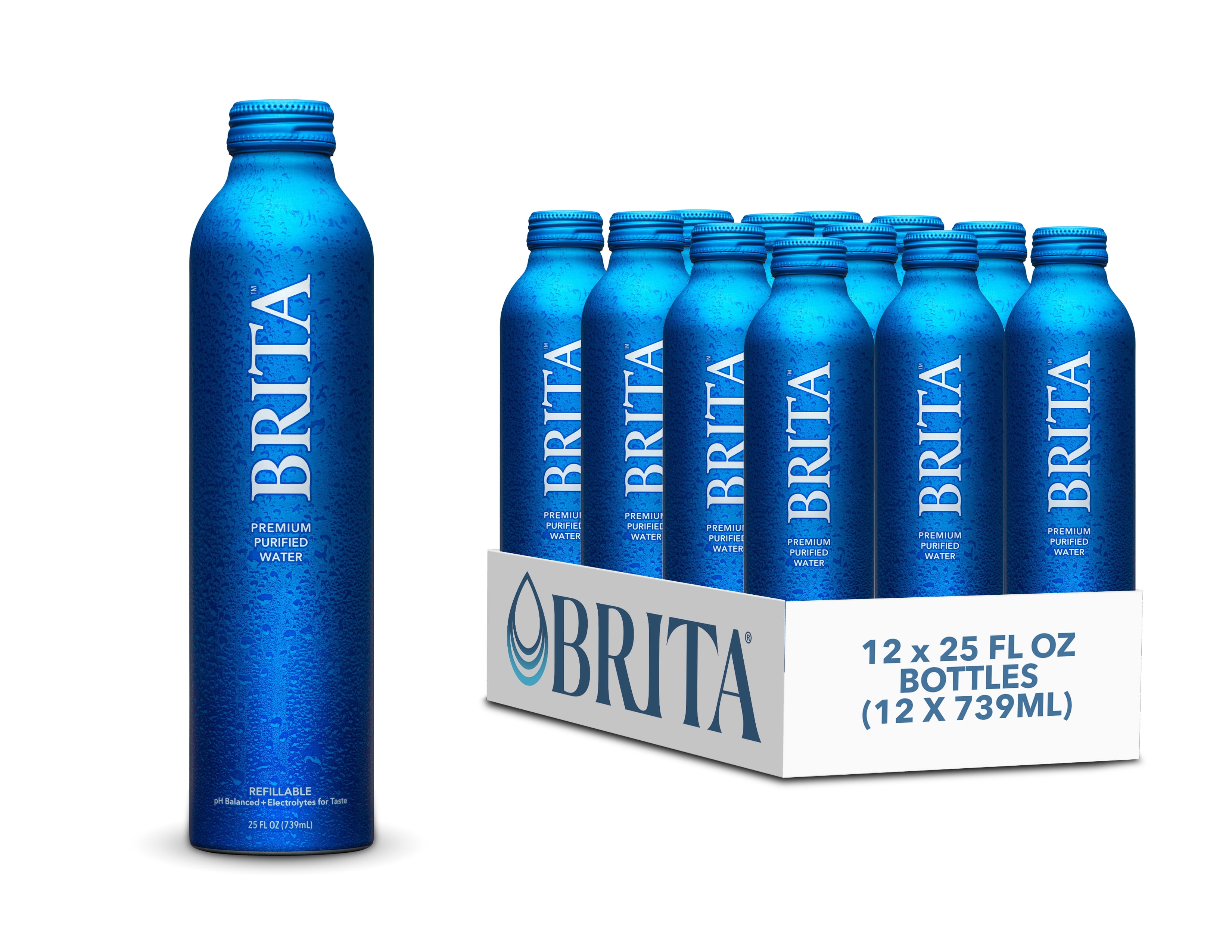 Brita Water Premium Purified Bottled Water, 25 fl oz (12 Pack), BPA Free Refillable Aluminum