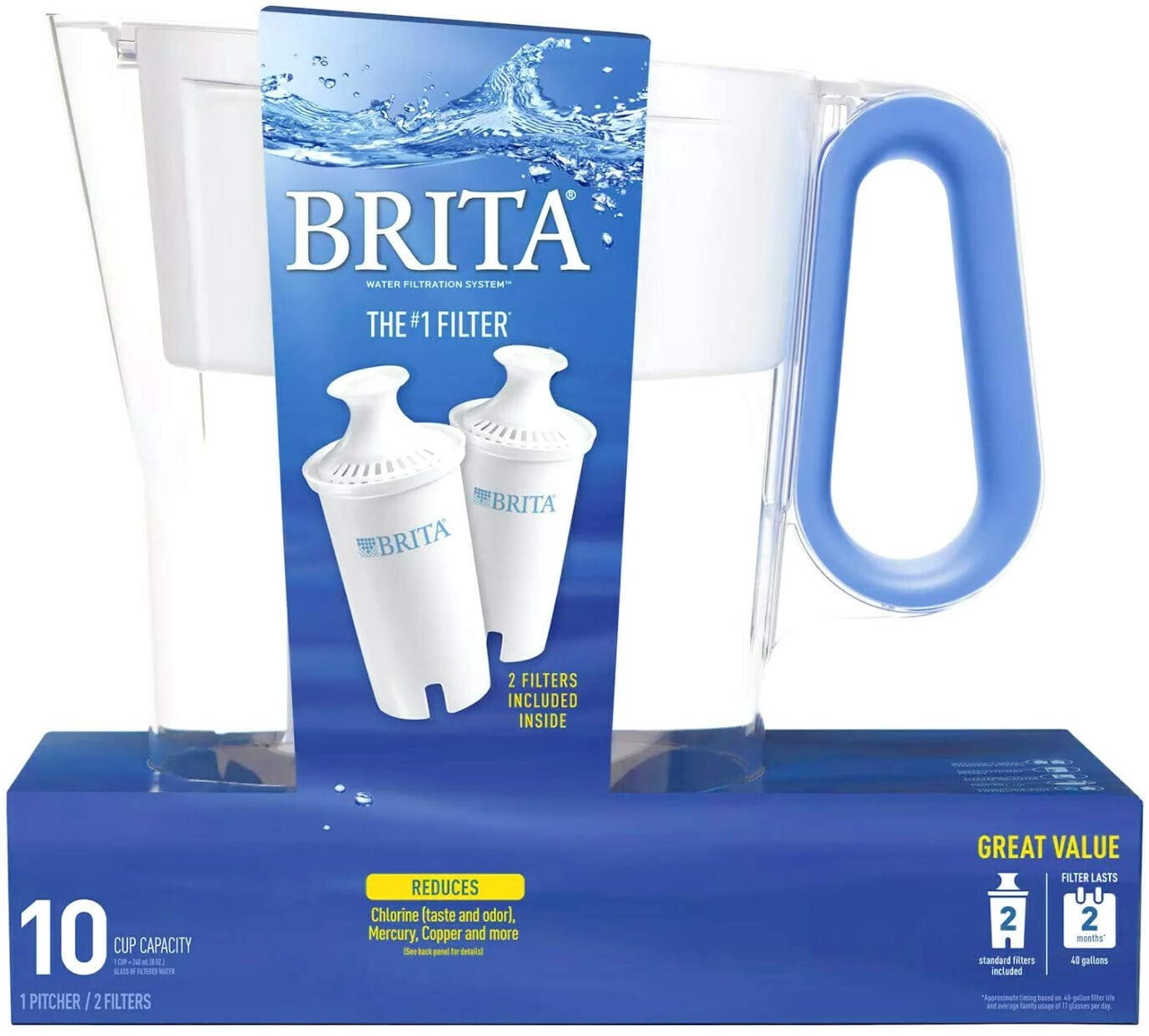 Brita Wave Filtered Water Filter Pitcher 10 Cup Capacity Includes 2 Filters - Blue