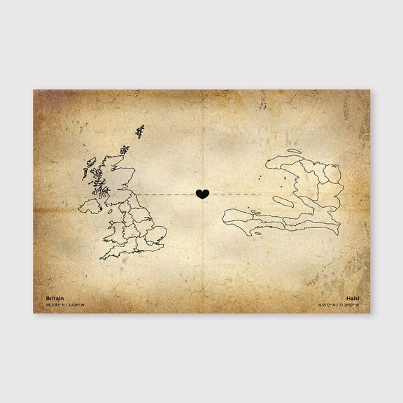 Britain Haiti Map Canvas Wall Art 8x12 inch -Britain Haiti Map Rustic Wall Canvas Decor with Neutral Old World Aesthetic
