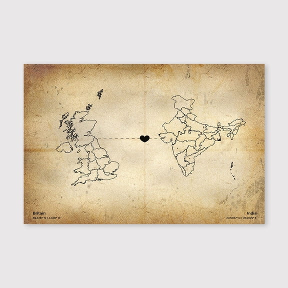 Britain India Connection Map Canvas Wall Art 8x12 inch -Britain India Connection Map Rustic Antique Style Canvas Artwork for Office and Study Decor