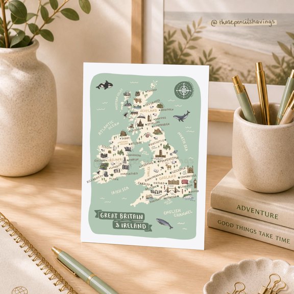 Britain & Ireland Illustrated Map Postcard , UK Travel Souvenir , Poster Print Only