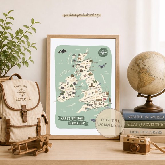 Britain & Ireland Map Art Print , Illustrated Travel Poster , Modern Wall Decor , Poster Print Only
