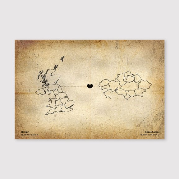 Britain Kazakhstan Map Canvas Wall Art 8x12 inch -Britain Kazakhstan Map Rustic Canvas Print with Antique Style for Home Wall Decor