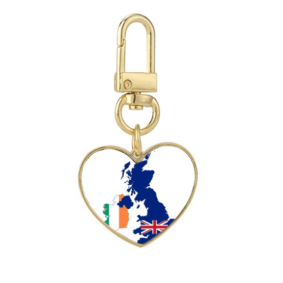 Britain Map Irland Flag Country UK Gold Heart Keychain Metal Keyring Holder