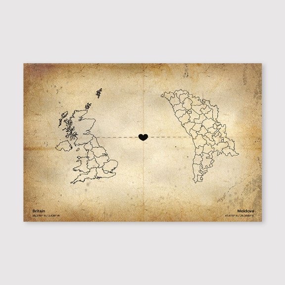 Britain Moldova Map Canvas Wall Art 8x12 inch -Britain Moldova Map Rustic Neutral Canvas Decor for Modern Farmhouse Living Room