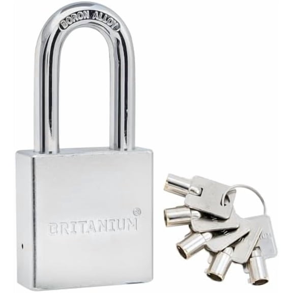 Britanium SFE60 Professional Grade Padlock - Chrome Plated Steel with Boron Alloy Shackle, 5 Tumbler Keys, Weather-Resistant Design for Storage & Commercial Security