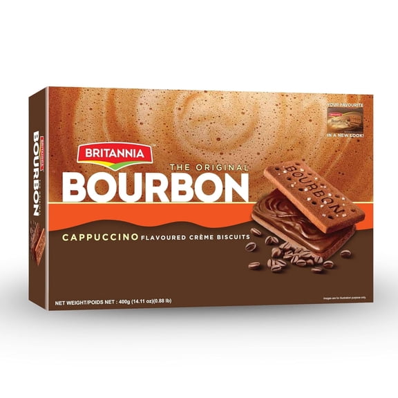 Britannia Bourbon Cappuccino Flavoured Crme Biscuits, Chocolate Sandwich Cookies with Coffee Cream Filling, 400g (14.11 oz)