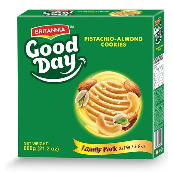 Britannia Good Day Pistachio/Almond Cookies Family Pack 21.2oz (600g) - Breakfast & Tea Time Snacks - Delicious Grocery Cookies - Halal and Suitable for Vegetarians (Pack of 1)