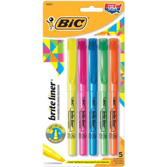 Brite Liner Highlighters, Chisel Tip, Assorted Colors,Pack of 5 (5 Highlighters)