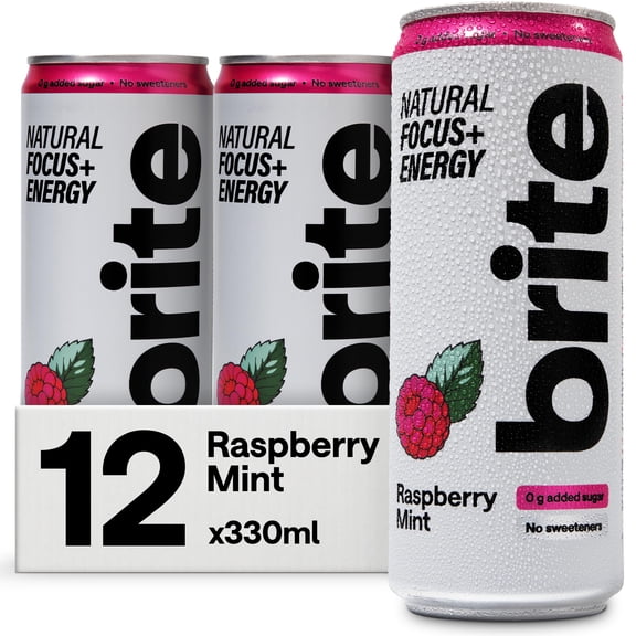 Brite Natural Focus. Energy Drink & Coffee Alternative for Productivity. Plant Based, Backed by Neuroscience. Low Calorie, Vegan, Gluten Free. Raspberry Mint 12 x 330 ml.