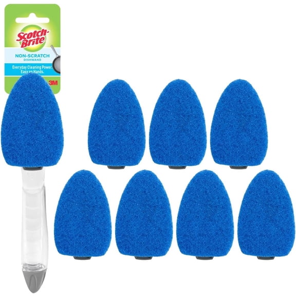-Brite Non-Scratch Dishwand Kit, Includes 1 Wand & 8 Refill Pads, Keep Hands Out of the Mess, Blue