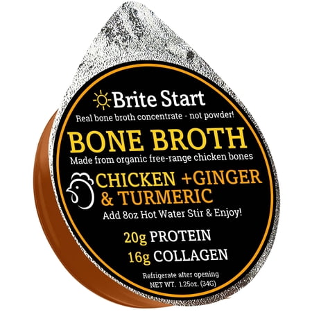 Brite Start Bone Broth - Chicken + Ginger & Turmeric - 12 Count - Keto Friendly Concentrate with 16g Collagen, 20g Paleo Protein - Made from Free Range Chicken Bones - Single Serve Packets