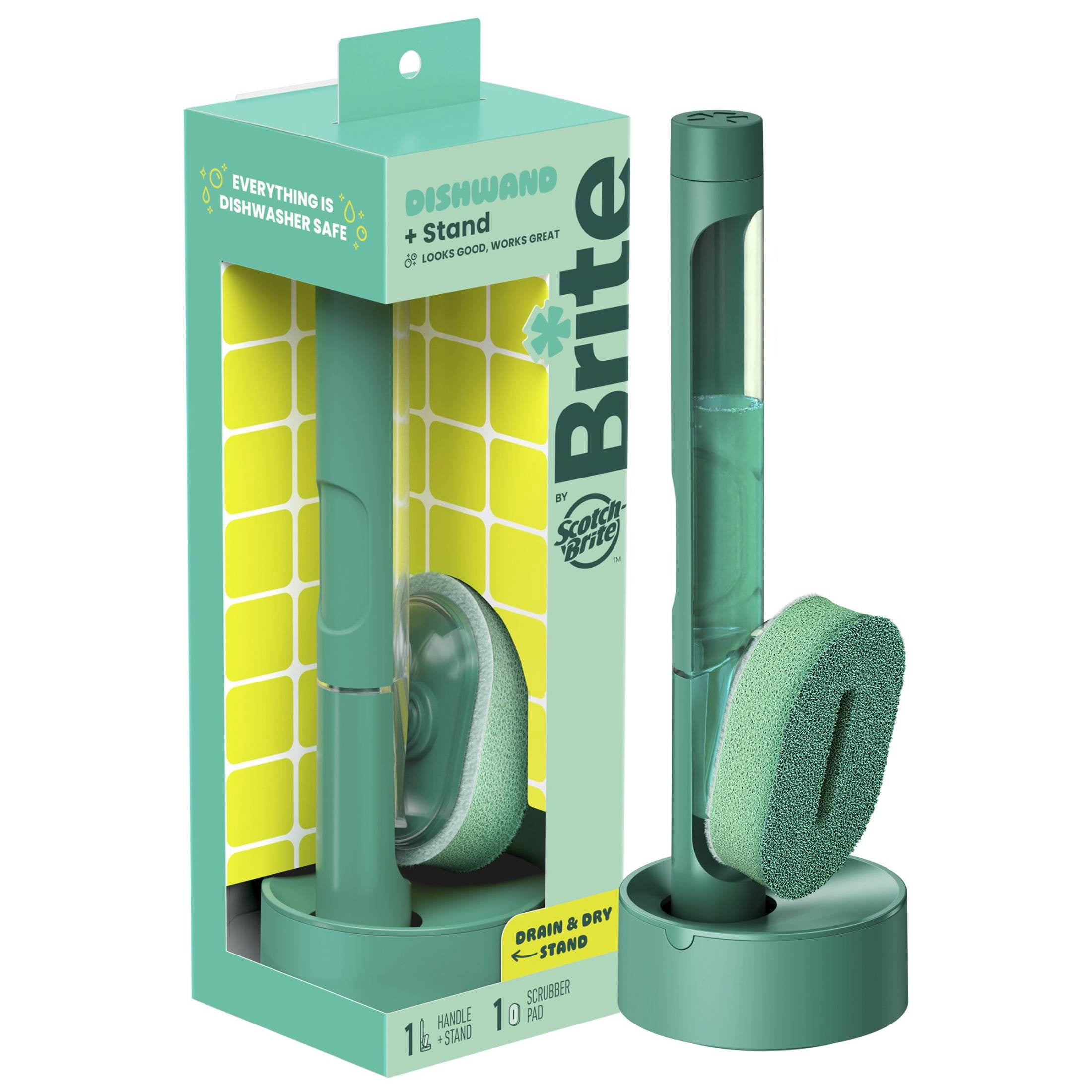 Brite by Scotch-Brite Fillable Dishwand with Drain + Dry Stand, Household and Kitchen Sponge, 1 Dishwand with Soap Dispenser