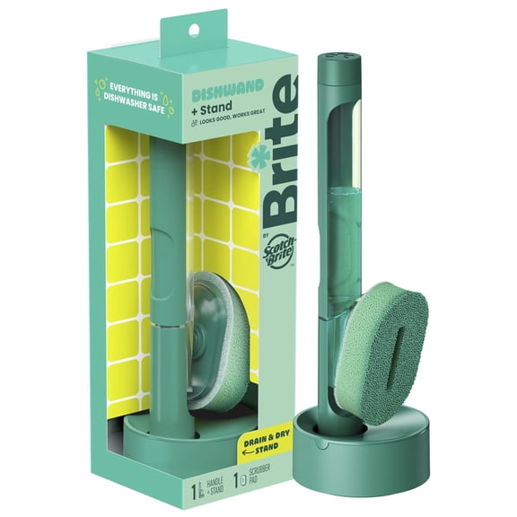 Brite by Scotch-Brite Fillable Dishwand with Drain + Dry Stand, Household and Kitchen Sponge, 1 Dishwand with Soap Dispenser