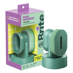Brite by Scotch-Brite Palm Scrubber with Drain + Dry Stand, Household and Kitchen Sponge with Comfy Grip, 1 Scrub Sponge with Soap Dispenser