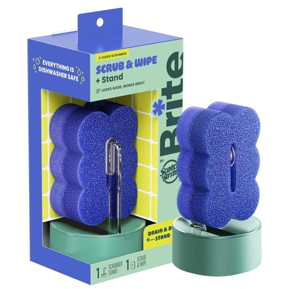 Brite by Scotch-Brite Scrub & Wipe with Drain + Dry Stand, Kitchen Sponge for Washing Dishes, 1 Scrub Sponge
