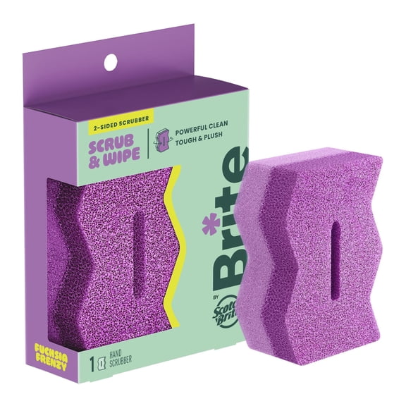 Brite by Scotch-Brite 2-Sided Scrub & Wipe, Scrubbing Kitchen and Dish Sponge, Fuchsia Frenzy, 1 Scrub Sponge