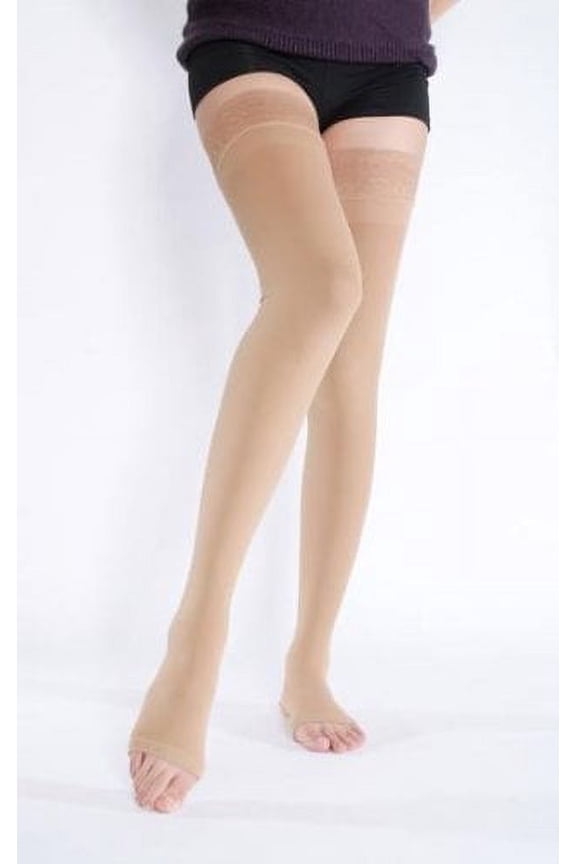 BriteLeafs Opaque Compression Stockings Thigh High Firm Support 20-30 mmHg, Open Toe - Gradient Compression - XX-Large, Beige