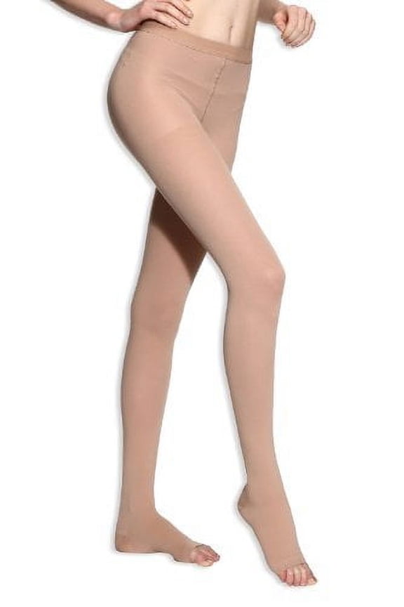 BriteLeafs Sheer Compression Pantyhose Firm Support 20-30 mmHg, Open Toe - Medium, Beige