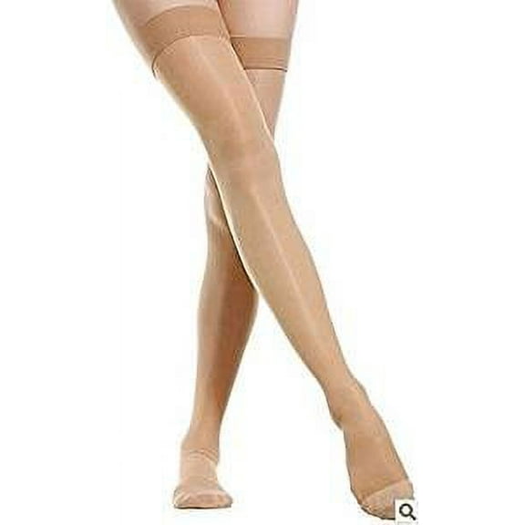 BriteLeafs Sheer Compression Stockings Thigh High Firm Support 20-30 mmHg, Stay-Up Scilicone band, Closed Toe - Large, Beige