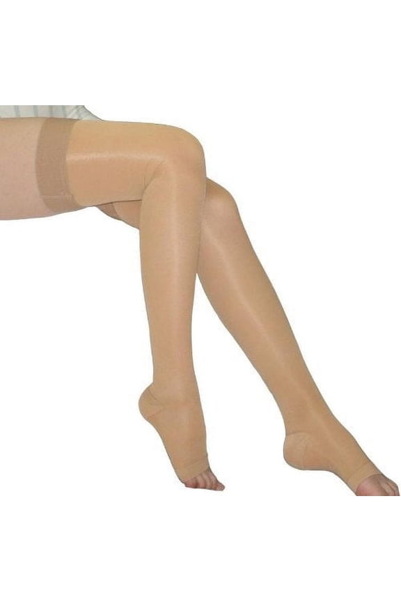 BriteLeafs Sheer Compression Stockings Thigh High Firm Support 20-30 mmHg, Stay-Up Scilicone band, Open Toe - Large, Beige