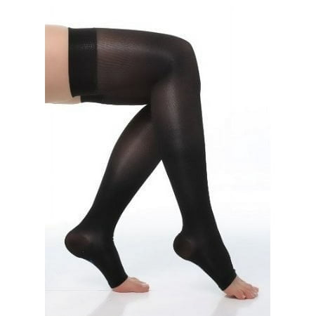 BriteLeafs Sheer Compression Stockings Thigh High Firm Support 20-30 mmHg, Stay-Up Scilicone band, Open Toe - X-Large, Black