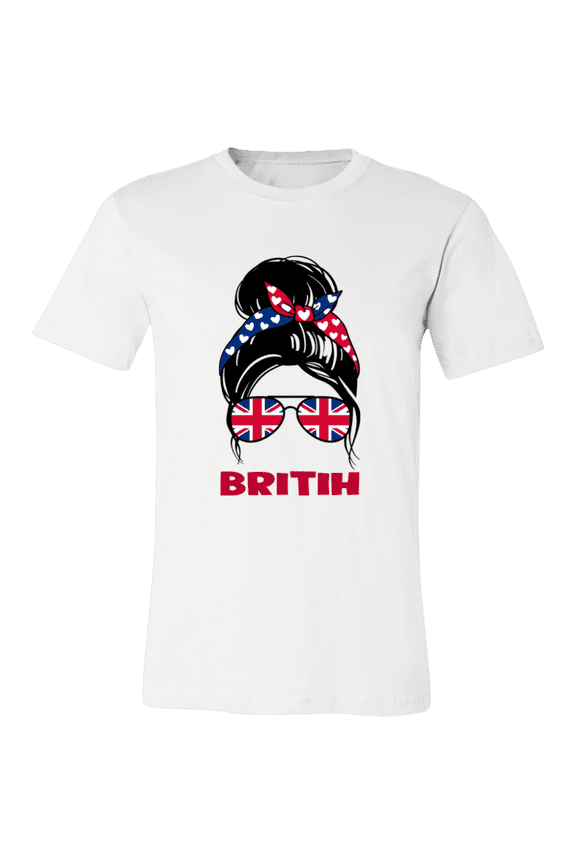 Britih Great Britain Flag Woman Hair Bun T-Shirt Great Britain Pride Sunglasses Graphic Tee, Cultural Gift Shirt
