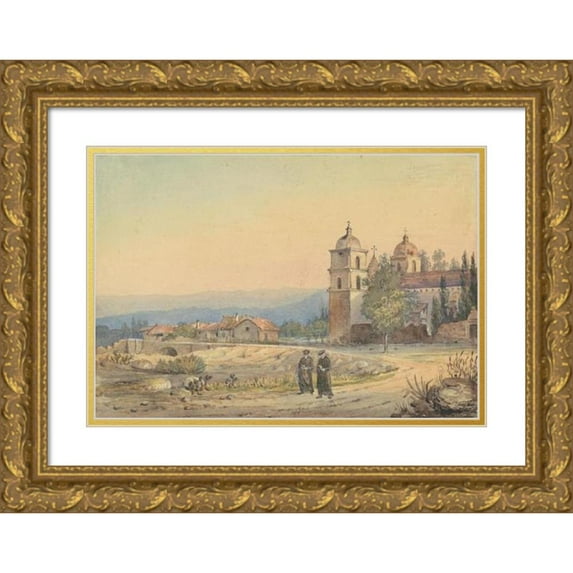 British 19th Century 24x18 Gold Ornate Framed and Double Matted Museum Art Print Titled - Church of Santa Barbara (Late 19th Century)