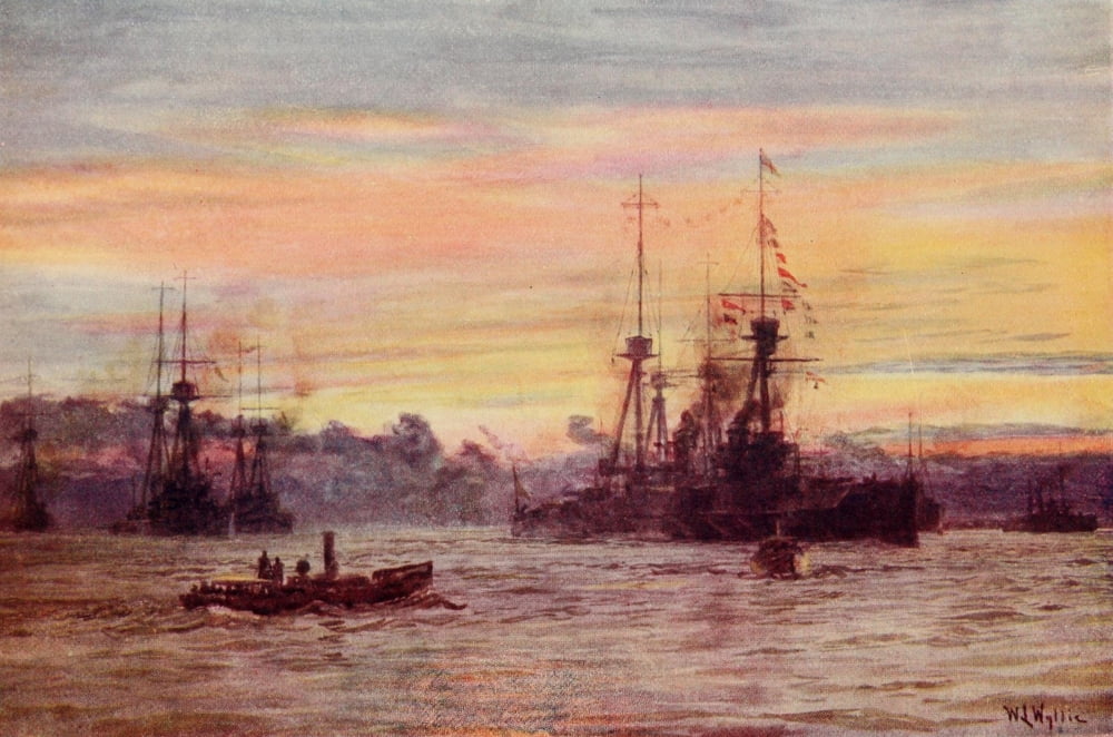British Battle Fleet 1915 Dreadnoughts anchoring 1912 Canvas Art - William Wyllie (24 x 36)