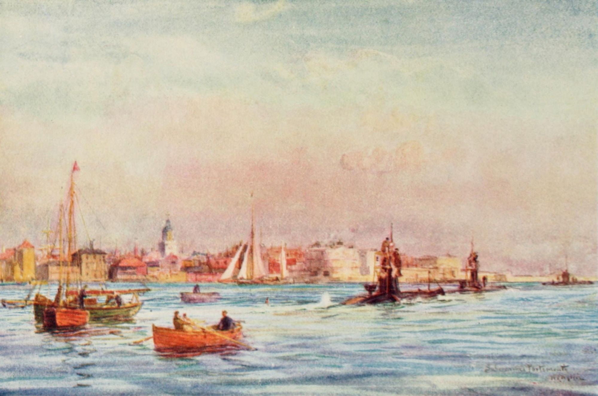 British Battle Fleet 1915 Submarines leaving Portsmouth Harbour Canvas Art - William Wyllie (18 x 24)