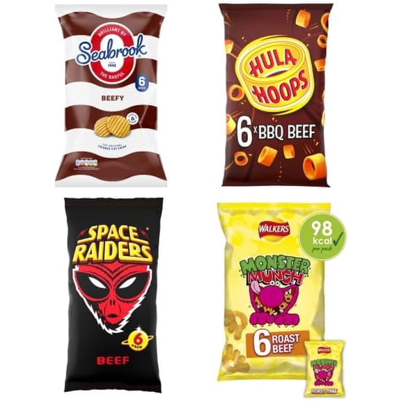 British Beef Flavoured Crisps - Seabrook, Hula Hoops, Space Raiders & Walkers Monster Munch.