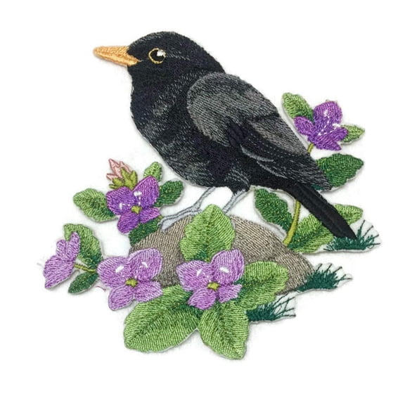 British Blackbird and Brooklime Embroidered Iron on/Sew Patch [5.85" x 5.88"]