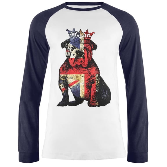 British Bulldog Crown Grunge Flag Mens Long Sleeve Raglan T Shirt White-Navy X-LG