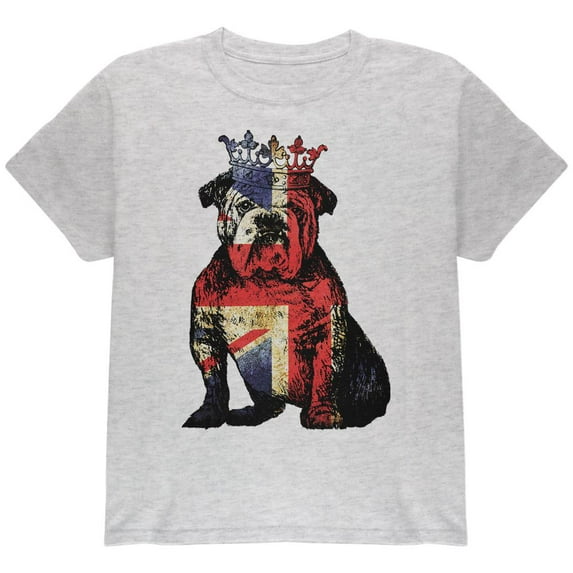 British Bulldog Crown Grunge Flag Youth T Shirt Light Heather Grey YMD