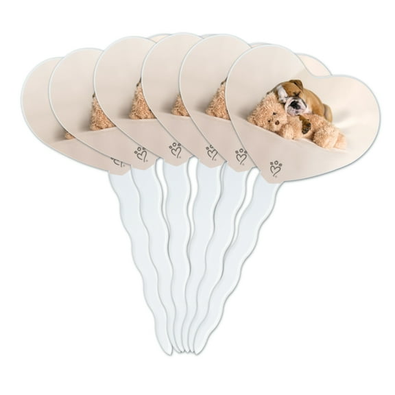 British Bulldog Puppy Dog Asleep with Teddy Bear Heart Love Cupcake Picks Toppers Decoration Set of 6