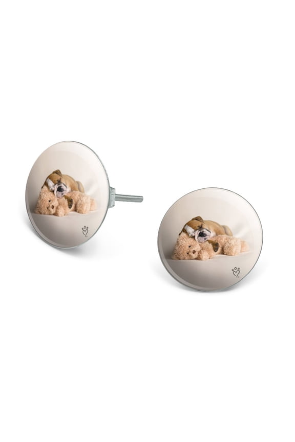 British Bulldog Puppy Dog Asleep with Teddy Bear Novelty Silver Plated Stud Earrings