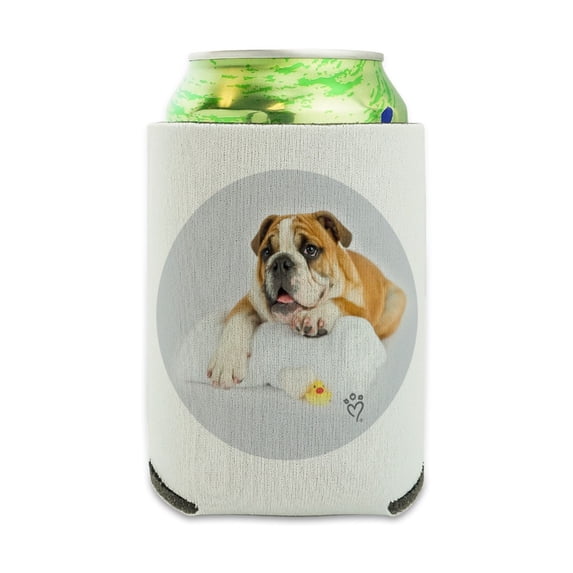 British Bulldog Puppy Dog Bath Towel Rubber Duck Can Cooler - Drink Sleeve Hugger Collapsible Insulator - Beverage Insulated Holder